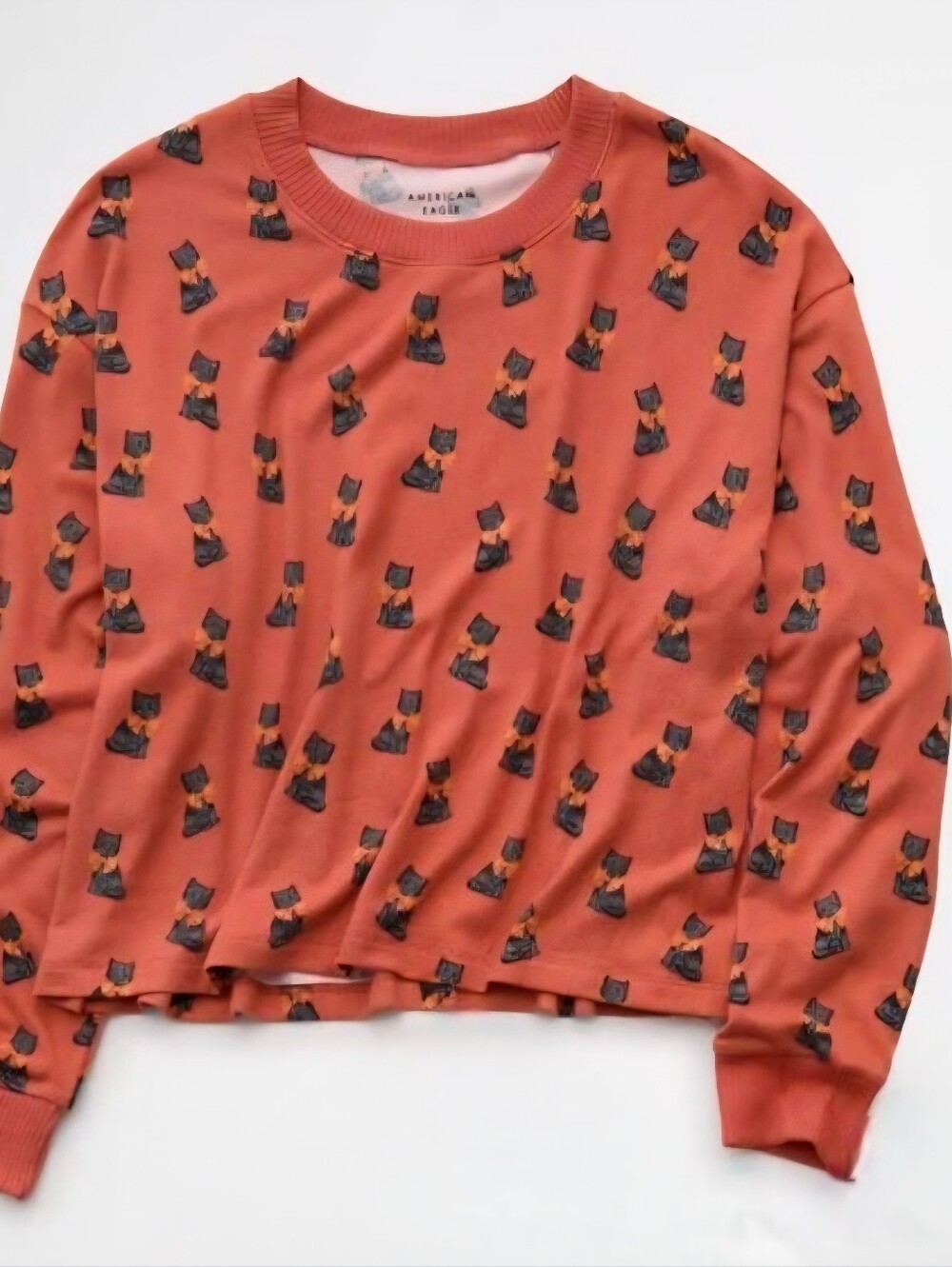 American Eagle Lounge Orange Halloween Fall Black Cat Plush Sweatshirt Top XL